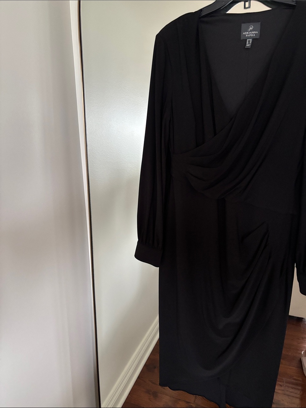 Adrianna Papell Black Draped V-Neck Midi Dress with Long Sleeves